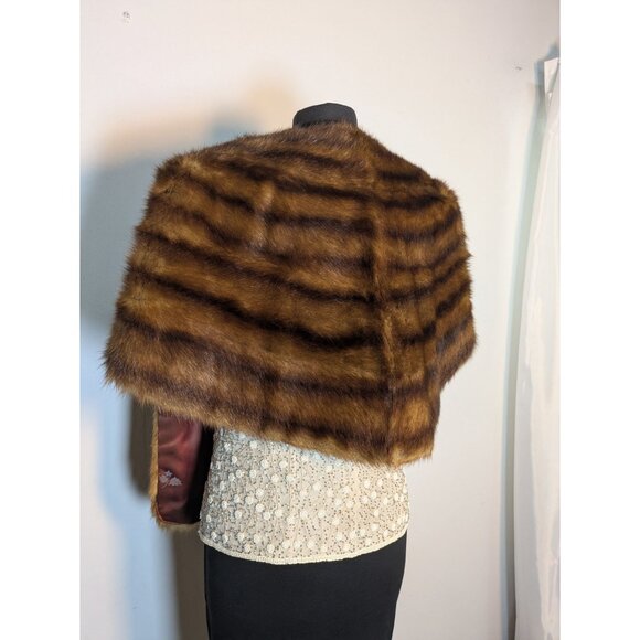 Vintage Brown Genuine Mink Fur Stole Wrap Capelet Stripe Lined, One Size - Picture 5 of 10